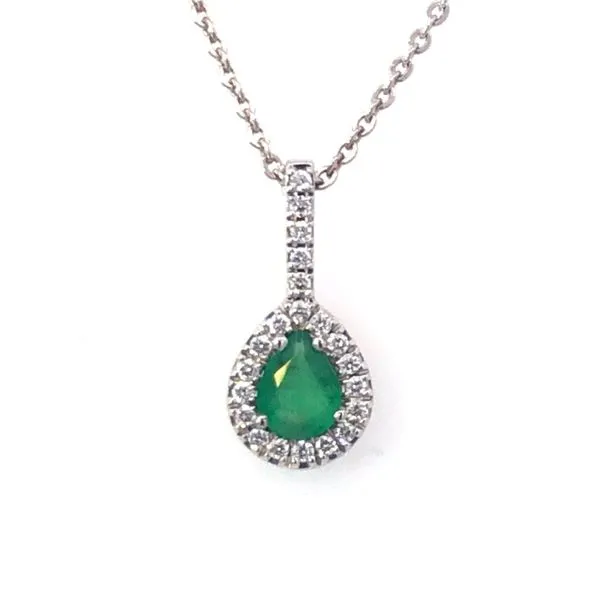 14kt White Gold Pear Shaped Emerald and Diamond Halo Pendant Becky Beauchine Kulka Diamonds and Fine Jewelry Okemos, MI