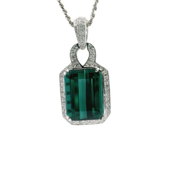 18kt White Gold Emerald Cut Green Tourmaline and Diamond Halo Pendant Becky Beauchine Kulka Diamonds and Fine Jewelry Okemos, MI