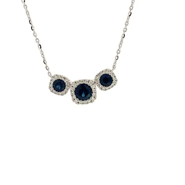 14kt White Gold Three Stone Sapphire and Diamond Halo Pendant similar item image