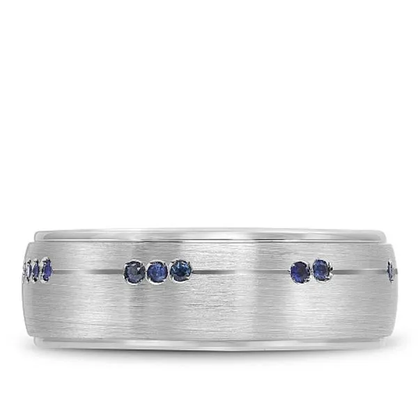 14kt White Gold Men's Flush Set Sapphire Wedding Band with a Sandpaper Finish By Bleu Royale Image 2 Becky Beauchine Kulka Diamonds and Fine Jewelry Okemos, MI