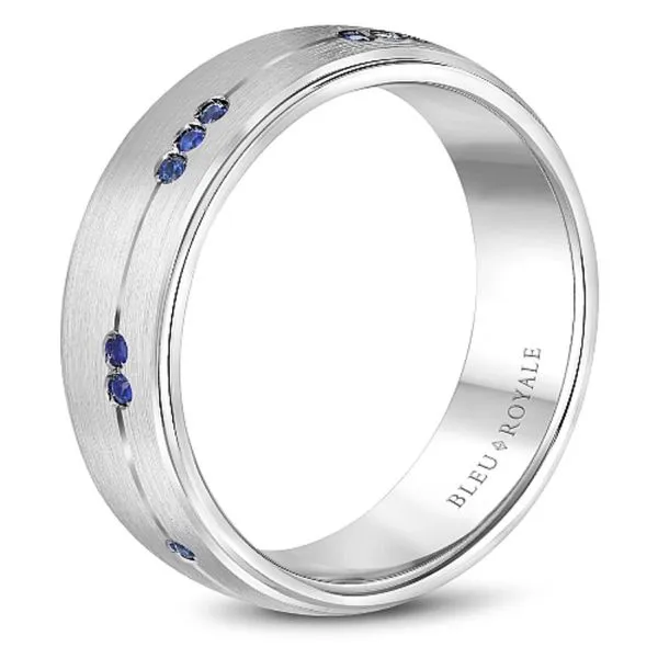 14kt White Gold Men's Flush Set Sapphire Wedding Band with a Sandpaper Finish By Bleu Royale Image 3 Becky Beauchine Kulka Diamonds and Fine Jewelry Okemos, MI