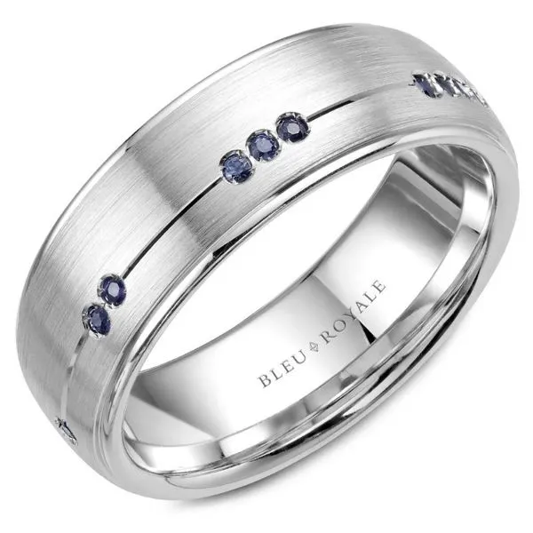 14kt White Gold Men's Flush Set Sapphire Wedding Band with a Sandpaper Finish By Bleu Royale Becky Beauchine Kulka Diamonds and Fine Jewelry Okemos, MI