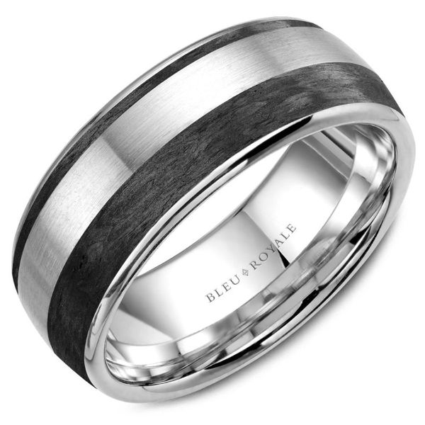 14kt White Gold and Carbon Fiber Men's Wedding Band with a Sandpaper Finish By Bleu Royale. Becky Beauchine Kulka Diamonds and Fine Jewelry Okemos, MI