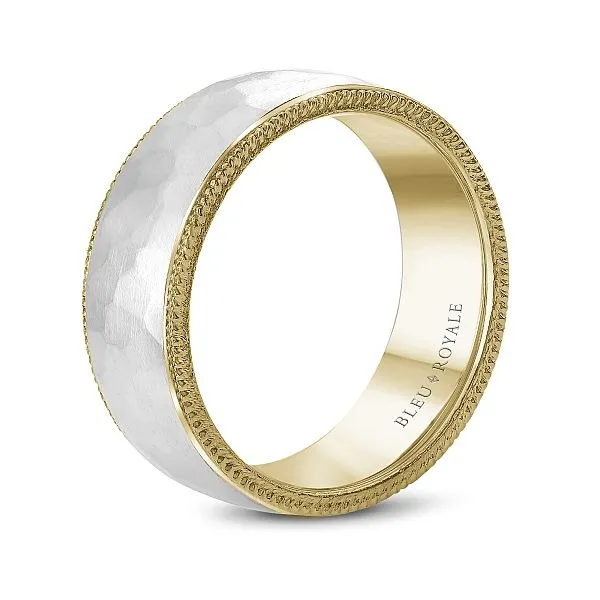 14kt Two Tone White And Yellow Gold Men's Wedding Band With A Frost Hammer Finish By Bleu Royale Image 2 Becky Beauchine Kulka Diamonds and Fine Jewelry Okemos, MI