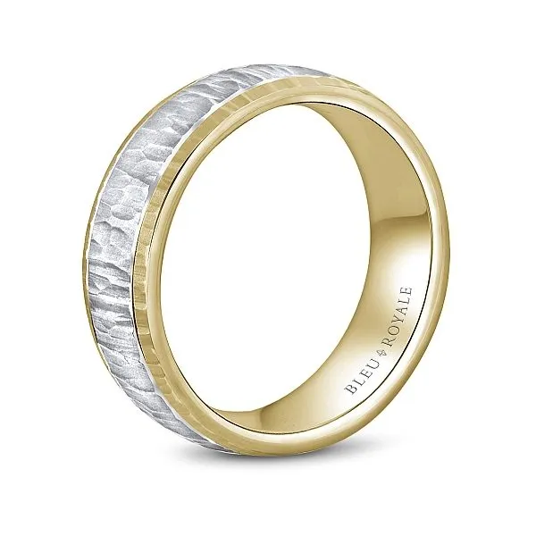 14kt Two tone Yellow And White Gold Men's Wedding Band With A Bark Finish By Bleu Royale Image 2 Becky Beauchine Kulka Diamonds and Fine Jewelry Okemos, MI