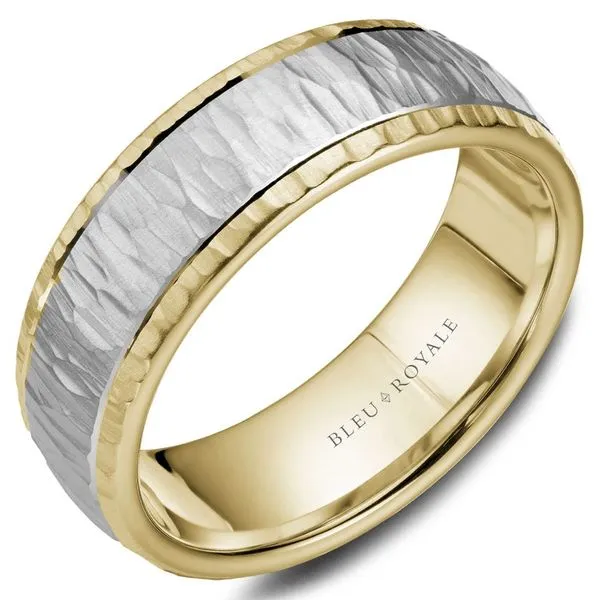 14kt Two tone Yellow And White Gold Men's Wedding Band With A Bark Finish By Bleu Royale Becky Beauchine Kulka Diamonds and Fine Jewelry Okemos, MI