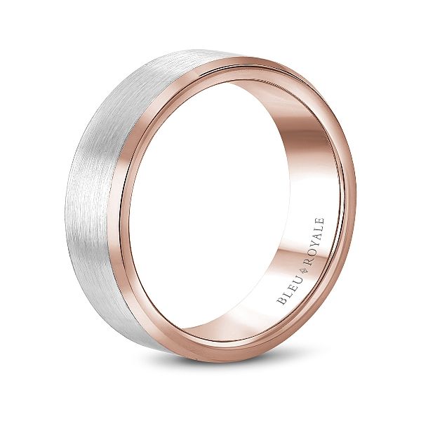 14kt Two Tone White And Rose Gold Men's Wedding Band With A Sandpaper Finish By Bleu Royale Image 2 Becky Beauchine Kulka Diamonds and Fine Jewelry Okemos, MI