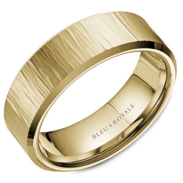 14kt Yellow Gold Men's Wedding Band With A Bark Finish By Bleu Royale Becky Beauchine Kulka Diamonds and Fine Jewelry Okemos, MI