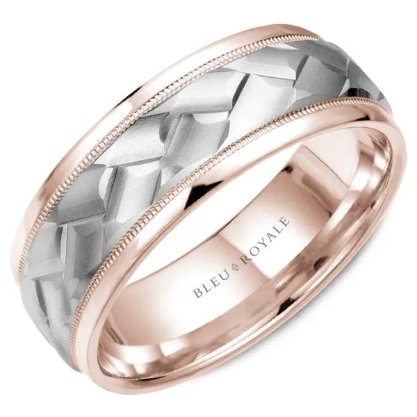 14kt Two Tone White And Rose Gold Frosted Basket Weave Men's Band  By Bleu Royale Becky Beauchine Kulka Diamonds and Fine Jewelry Okemos, MI