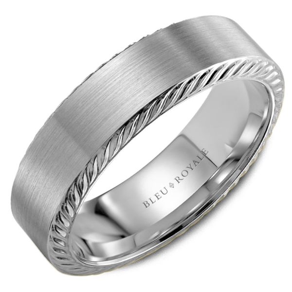 14kt White Gold Men's Band With A Sandpaper Finish Adn Rope Detail By Bleu Royale Becky Beauchine Kulka Diamonds and Fine Jewelry Okemos, MI