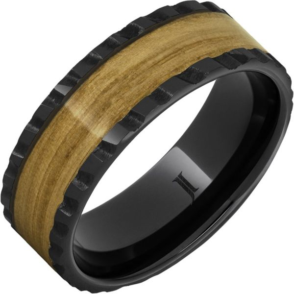 Black Ceramic Band with Chardonnay Barrel Inlay and Charred Noteched Edge Becky Beauchine Kulka Diamonds and Fine Jewelry Okemos, MI