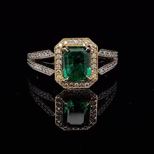 Elegant Split Shank Emerald and Diamond Ring in 18k White and Yellow Gold Image 4 Biondi Diamond Jewelers Aurora, CO