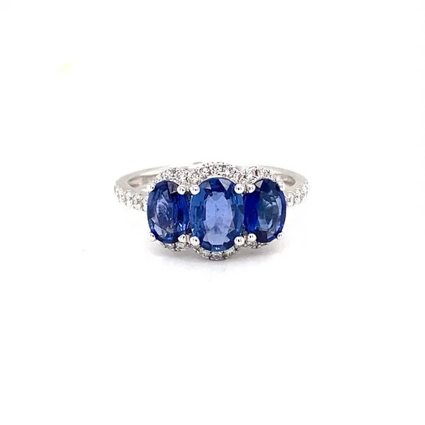 18K White Gold Three-Stone Sapphire Ring Biondi Diamond Jewelers Aurora, CO