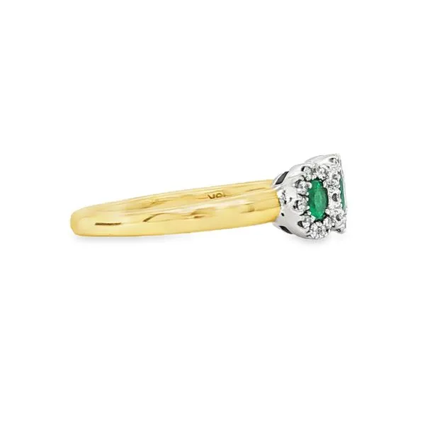 18K Yellow and White Gold Emerald and Diamond Three Stone Ring Image 2 Biondi Diamond Jewelers Aurora, CO