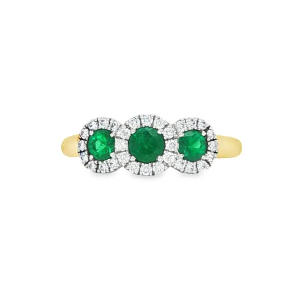 18K Yellow and White Gold Emerald and Diamond Three Stone Ring Biondi Diamond Jewelers Aurora, CO