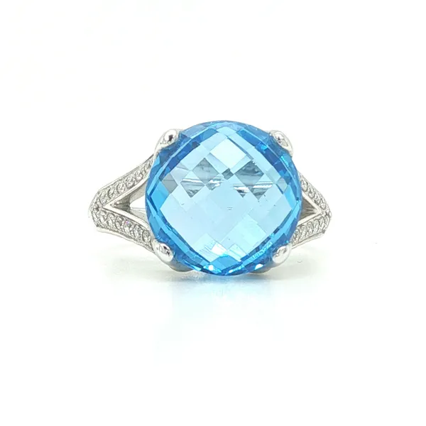 14K White Gold Blue Topaz and Diamond Split Shank Ring Biondi Diamond Jewelers Aurora, CO