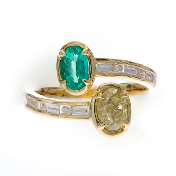 14K Yellow Gold Yellow Diamond and Emerald Two Stone Bypass Ring Biondi Diamond Jewelers Aurora, CO