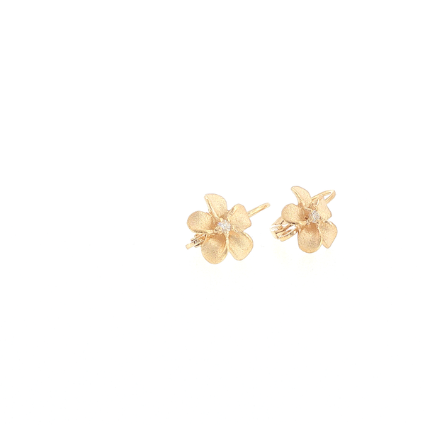 14K Yellow Gold Plumeria Leverback Earrings with Diamonds Image 2 Biondi Diamond Jewelers Aurora, CO