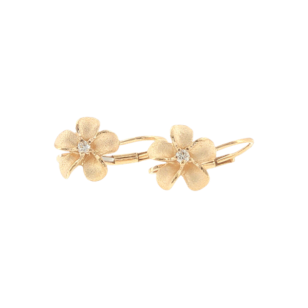 14K Yellow Gold Plumeria Leverback Earrings with Diamonds Biondi Diamond Jewelers Aurora, CO