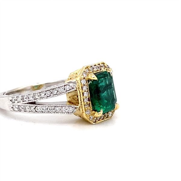 Elegant Split Shank Emerald and Diamond Ring in 18k White and Yellow Gold Image 3 Biondi Diamond Jewelers Aurora, CO