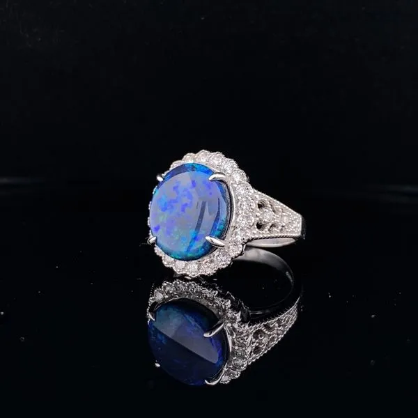 4.55ct Australian Lightning Ridge Black Opal and Diamond Platinum Ring Image 4 Biondi Diamond Jewelers Aurora, CO