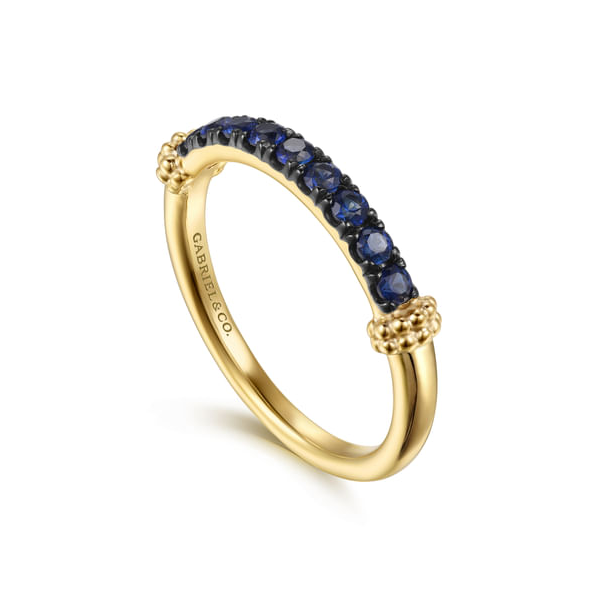 Blue Sapphire Stackable Ring 14K Yellow Gold Beaded Band Image 2 Biondi Diamond Jewelers Aurora, CO