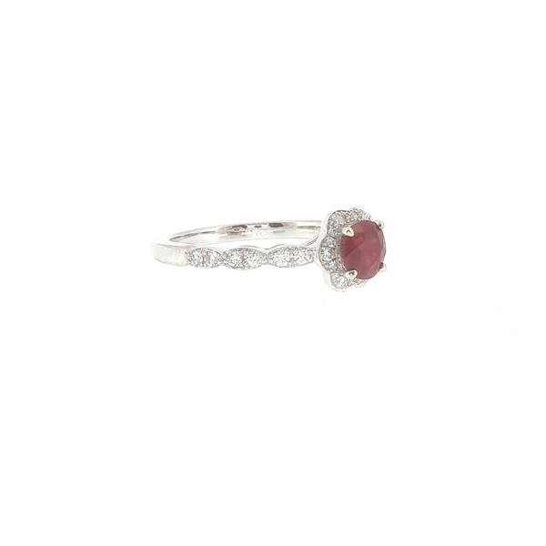 Floral Halo Ring with .87CT Ruby Center and .23TW Diamond Accents in 18KW Image 2 Biondi Diamond Jewelers Aurora, CO