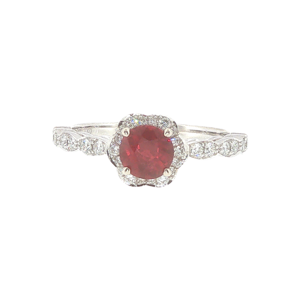 Floral Halo Ring with .87CT Ruby Center and .23TW Diamond Accents in 18KW Biondi Diamond Jewelers Aurora, CO