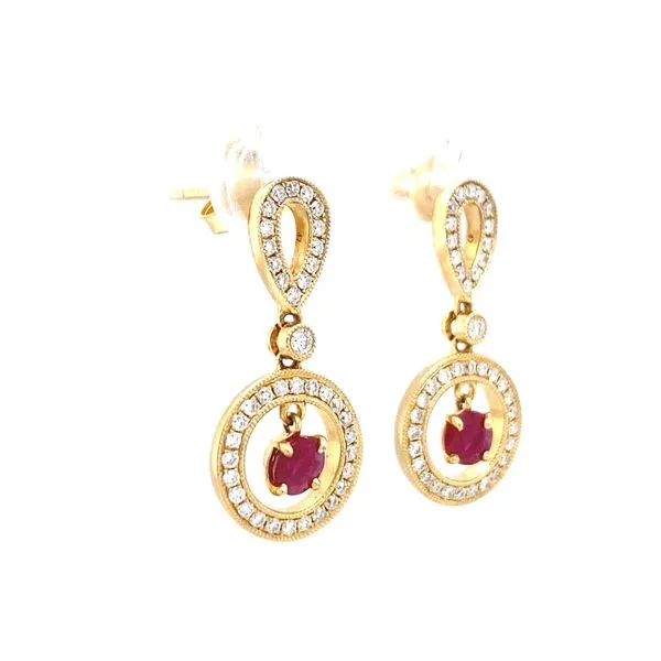 Ruby and Diamond Drop Earrings in 14K Yellow Gold Image 2 Biondi Diamond Jewelers Aurora, CO