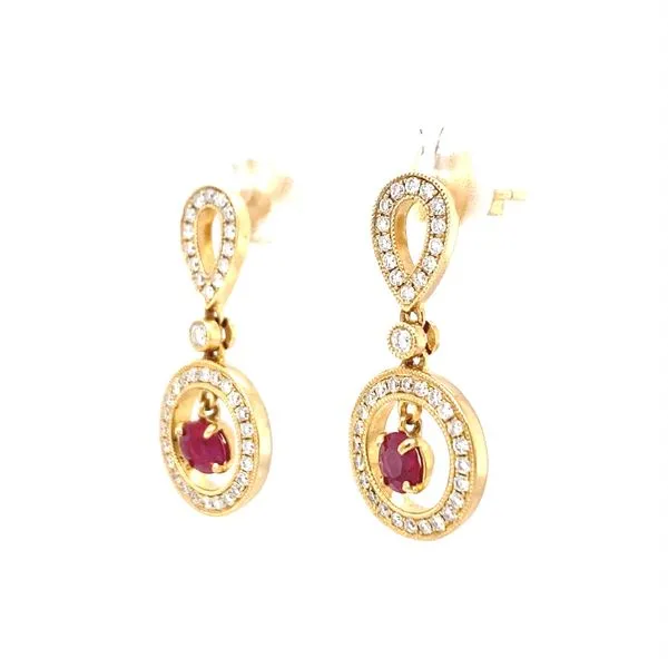 Ruby and Diamond Drop Earrings in 14K Yellow Gold Image 3 Biondi Diamond Jewelers Aurora, CO