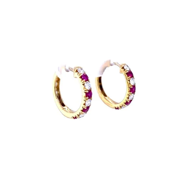 Ruby and Diamond Hoop Earrings in 18K Yellow Gold Image 2 Biondi Diamond Jewelers Aurora, CO