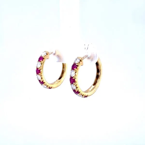 Ruby and Diamond Hoop Earrings in 18K Yellow Gold Image 3 Biondi Diamond Jewelers Aurora, CO