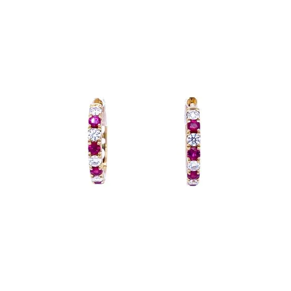 Ruby and Diamond Hoop Earrings in 18K Yellow Gold Biondi Diamond Jewelers Aurora, CO