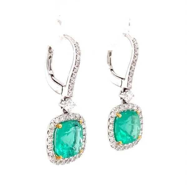 18K White and Yellow Gold Emerald and Diamond Drop Earrings Image 3 Biondi Diamond Jewelers Aurora, CO