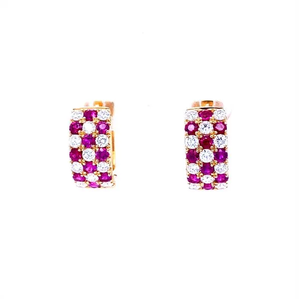 18K Yellow Gold Ruby and Diamond Checkerboard Hoop Earrings Biondi Diamond Jewelers Aurora, CO
