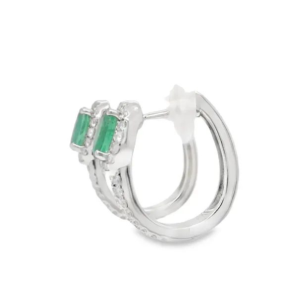 14K White Gold Emerald and Diamond Hoop Earrings Image 2 Biondi Diamond Jewelers Aurora, CO