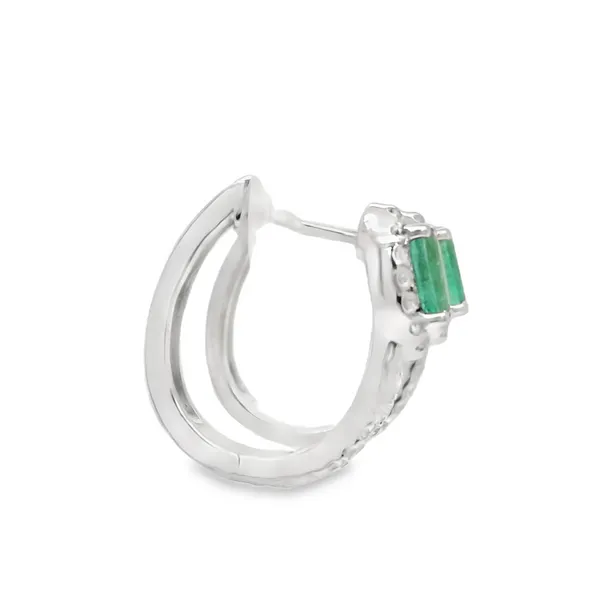 14K White Gold Emerald and Diamond Hoop Earrings Image 3 Biondi Diamond Jewelers Aurora, CO
