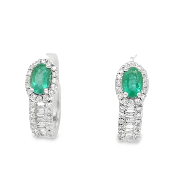14K White Gold Emerald and Diamond Hoop Earrings Biondi Diamond Jewelers Aurora, CO