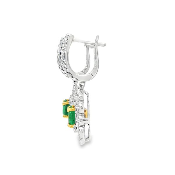 18K White and Yellow Gold Emerald and Diamond Halo Dangle Earrings Image 3 Biondi Diamond Jewelers Aurora, CO