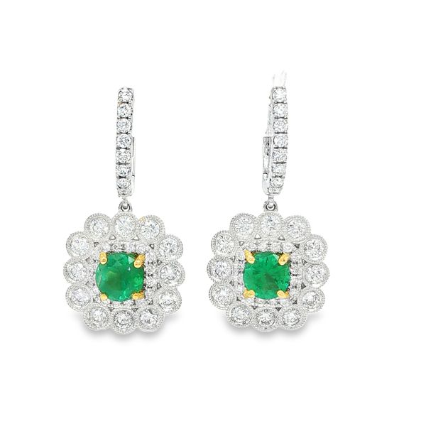 18K White and Yellow Gold Emerald and Diamond Halo Dangle Earrings Biondi Diamond Jewelers Aurora, CO