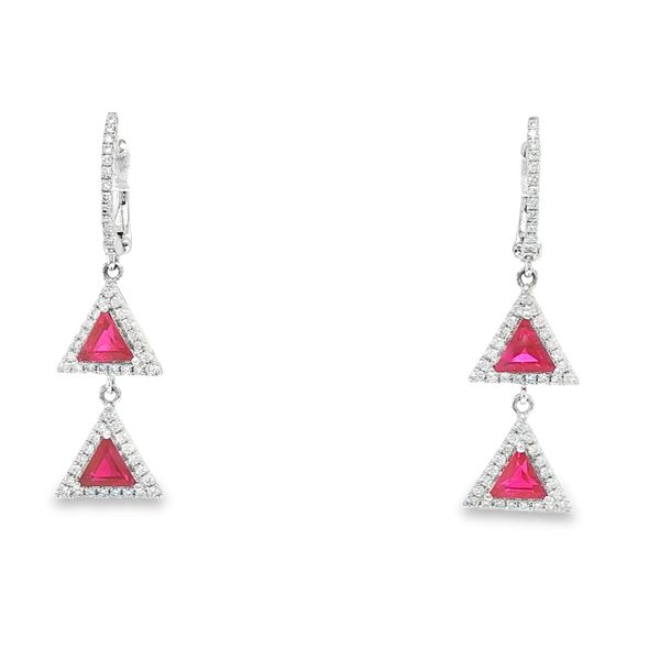 18KW Ruby and Diamond Triangle Dangle Earrings Biondi Diamond Jewelers Aurora, CO