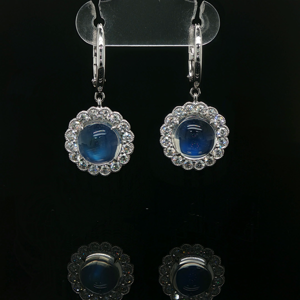 18K White Gold Moonstone and Diamond Halo Dangle Earrings Biondi Diamond Jewelers Aurora, CO
