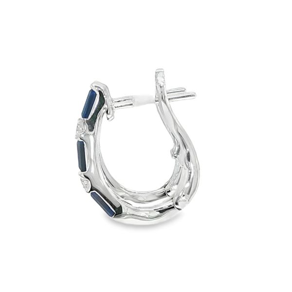 18K White Gold Sapphire and Diamond Baguette Hoop Earrings Image 3 Biondi Diamond Jewelers Aurora, CO