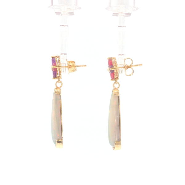 14K Yellow Gold Australian Opal, Ruby and Amethyst Dangle Earrings Image 3 Biondi Diamond Jewelers Aurora, CO
