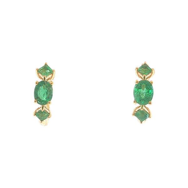 18K Yellow Gold 0.99ctw Emerald Three Stone Huggie Earrings Image 2 Biondi Diamond Jewelers Aurora, CO