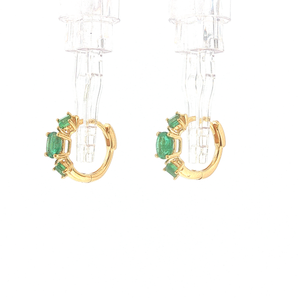 18K Yellow Gold 0.99ctw Emerald Three Stone Huggie Earrings Image 4 Biondi Diamond Jewelers Aurora, CO