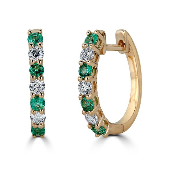 14K Yellow Gold 0.58ctw Emerald & 0.45ctw Diamond Hoop Earrings Biondi Diamond Jewelers Aurora, CO