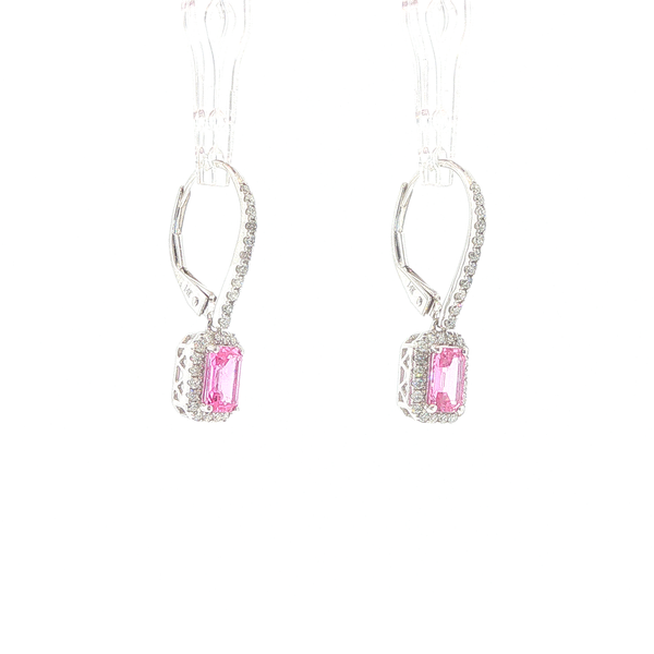 14K White Gold 1.12ctw Pink Sapphire and Diamond Halo Dangle Earrings Image 3 Biondi Diamond Jewelers Aurora, CO