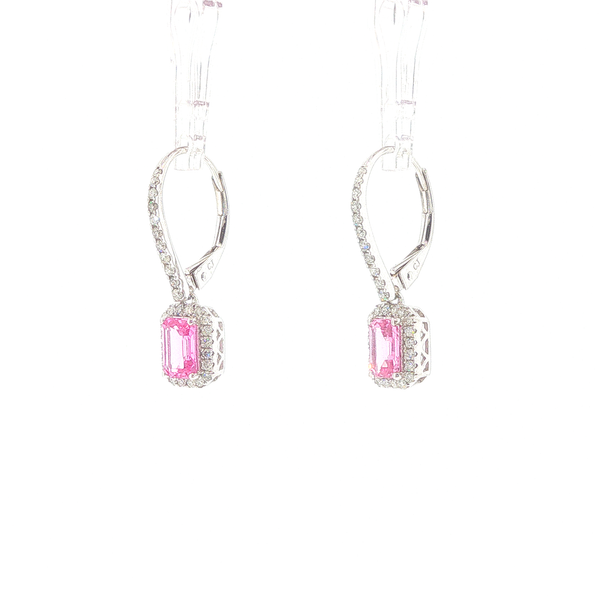 14K White Gold 1.12ctw Pink Sapphire and Diamond Halo Dangle Earrings Image 4 Biondi Diamond Jewelers Aurora, CO