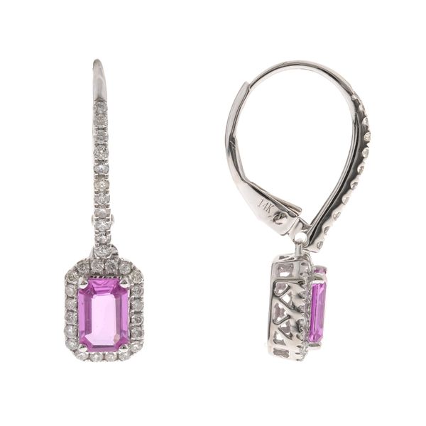 14K White Gold 1.12ctw Pink Sapphire and Diamond Halo Dangle Earrings Biondi Diamond Jewelers Aurora, CO